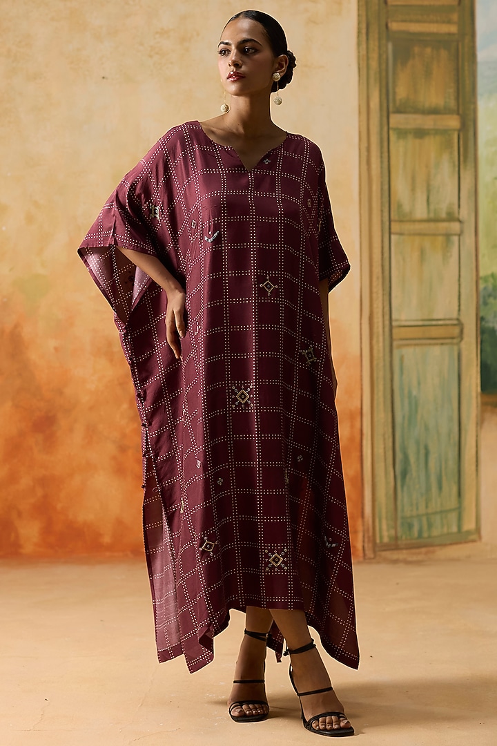 Burgundy Silk Checkered Kaftan Set by Khyati Rughani at Pernia's Pop Up Shop