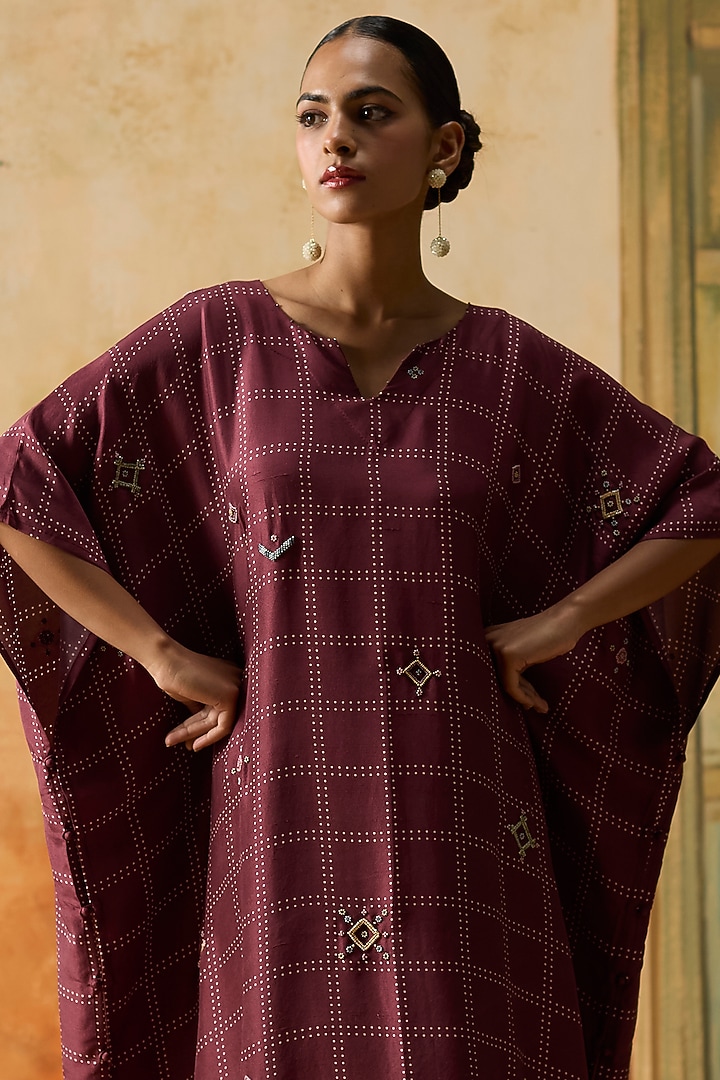 Burgundy Silk Checkered Kaftan Set by Khyati Rughani at Pernia's Pop Up Shop