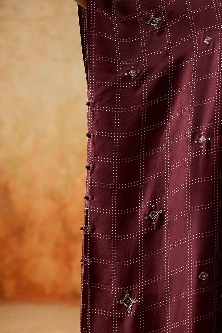 Burgundy Silk Checkered Kaftan Set by Khyati Rughani at Pernia's Pop Up Shop