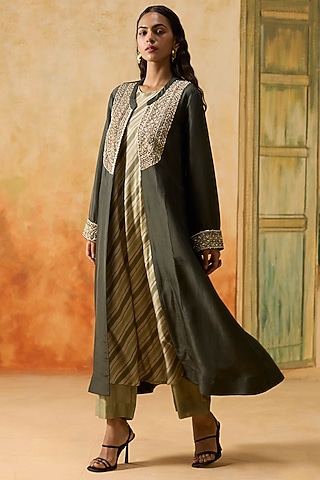 Charcoal Grey Silk Beads Embellished Jacket Set by Khyati Rughani