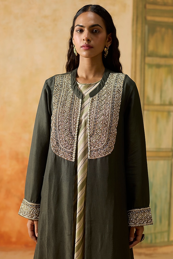 Charcoal Grey Silk Beads Embellished Jacket Set by Khyati Rughani at Pernia's Pop Up Shop