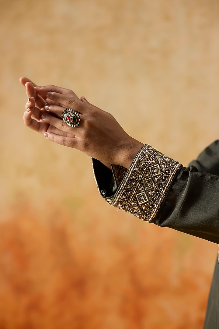 Charcoal Grey Silk Beads Embellished Jacket Set by Khyati Rughani at Pernia's Pop Up Shop