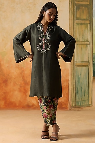 Charcoal Grey Silk Floral Kurta Set by Khyati Rughani