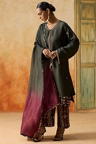 Charcoal Grey Silk Beads Embroidered Kurta Set by Khyati Rughani