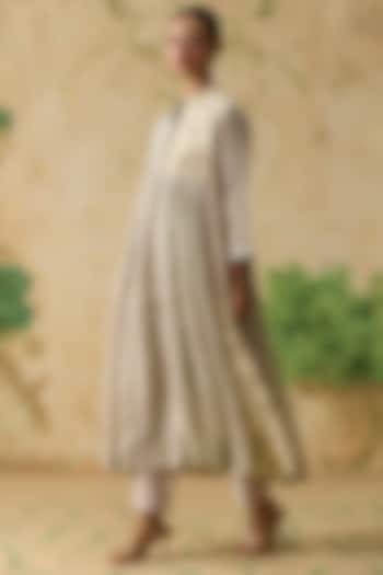 Light Grey & Pink Silk Ikkat Asymmetrical Tunic by Khyati Rughani at Pernia's Pop Up Shop