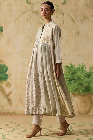 Light Grey & Pink Silk Ikkat Asymmetrical Tunic by Khyati Rughani