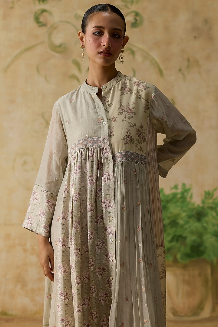 Light Grey & Pink Silk Ikkat Asymmetrical Tunic by Khyati Rughani at Pernia's Pop Up Shop