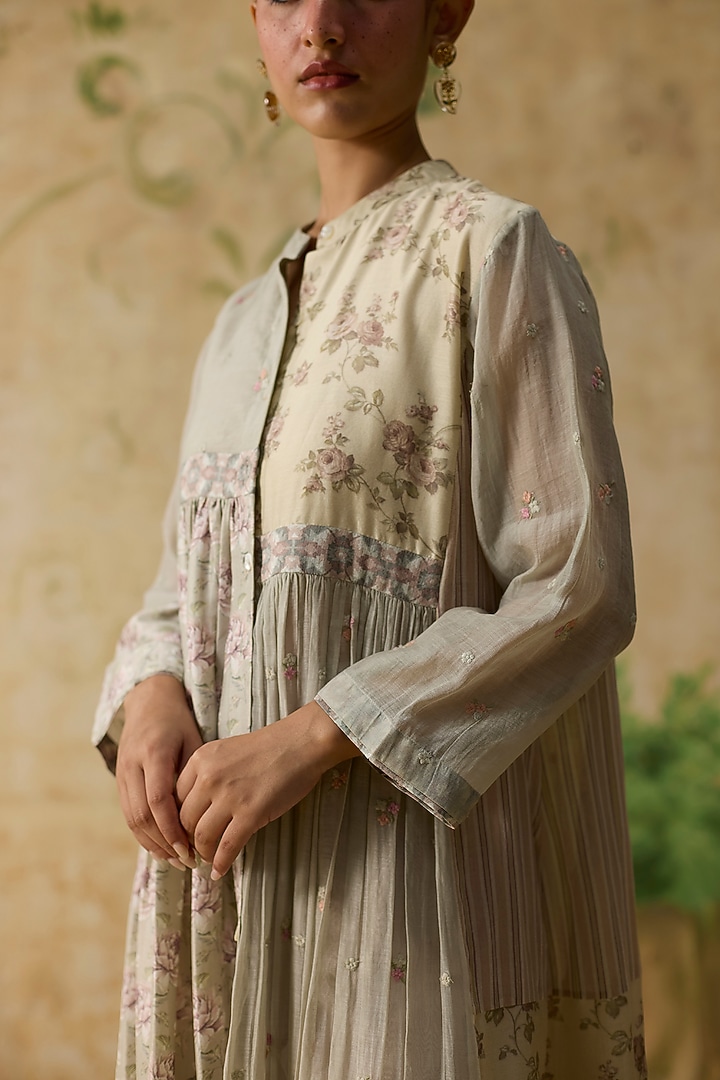 Light Grey & Pink Silk Ikkat Asymmetrical Tunic by Khyati Rughani at Pernia's Pop Up Shop