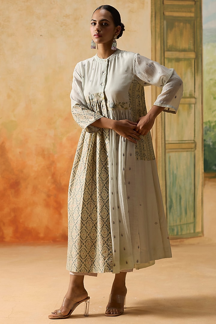 Beige & Blue Silk Ikkat Asymmetrical Tunic by Khyati Rughani at Pernia's Pop Up Shop