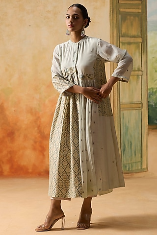 Beige & Blue Silk Ikkat Asymmetrical Tunic by Khyati Rughani