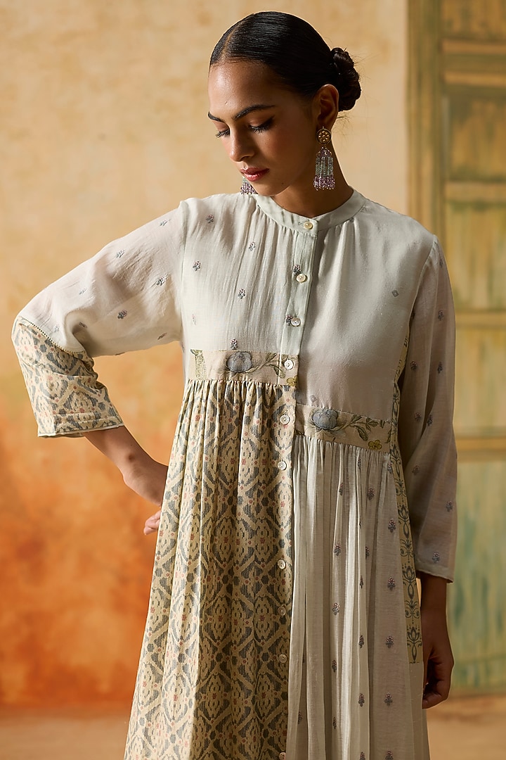 Beige & Blue Silk Ikkat Asymmetrical Tunic by Khyati Rughani at Pernia's Pop Up Shop