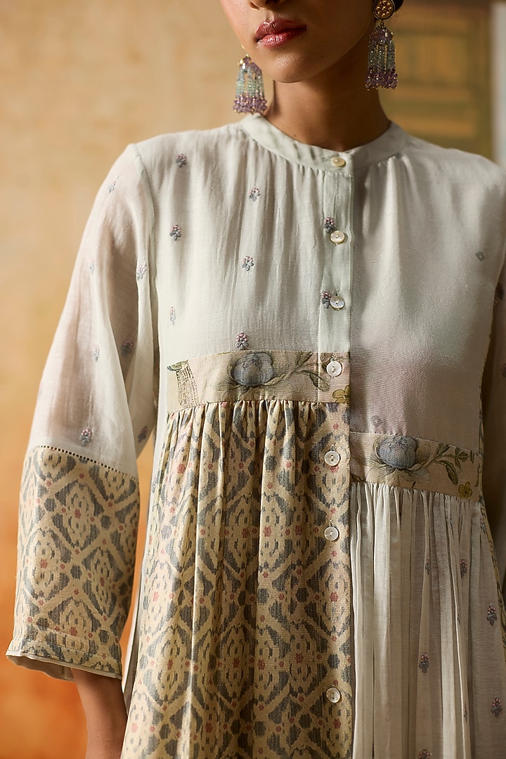 Beige & Blue Silk Ikkat Asymmetrical Tunic by Khyati Rughani at Pernia's Pop Up Shop