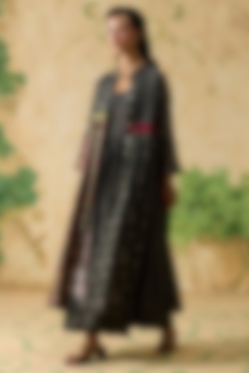 Charcoal Grey & Burgundy Silk Ikkat Asymmetrical Overlay Jacket by Khyati Rughani at Pernia's Pop Up Shop