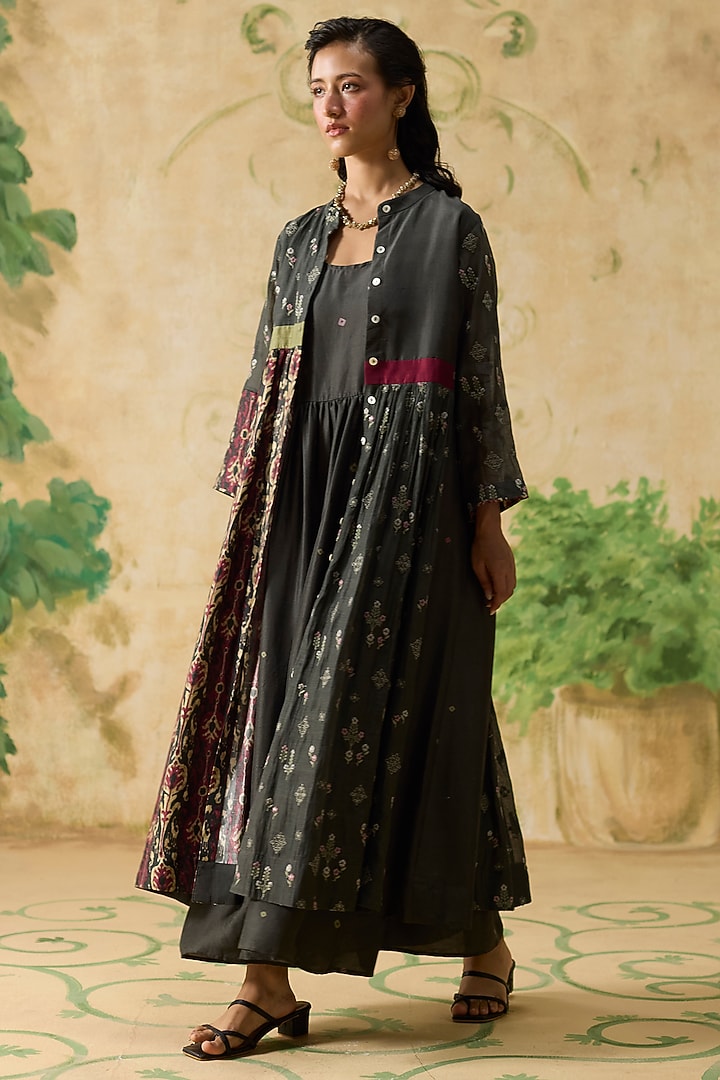 Charcoal Grey & Burgundy Silk Ikkat Asymmetrical Overlay Jacket by Khyati Rughani at Pernia's Pop Up Shop