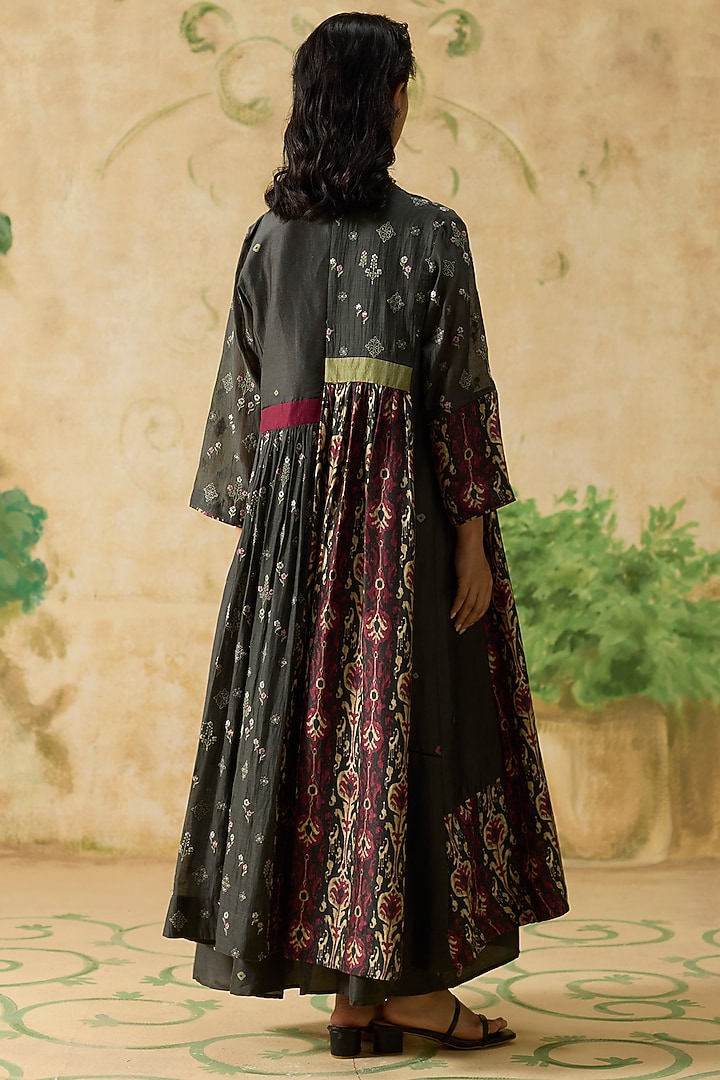 Charcoal Grey & Burgundy Silk Ikkat Asymmetrical Overlay Jacket by Khyati Rughani at Pernia's Pop Up Shop