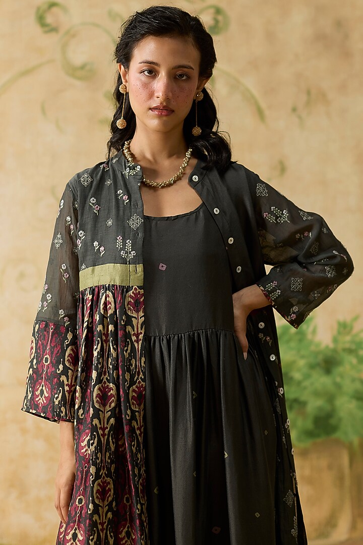 Charcoal Grey & Burgundy Silk Ikkat Asymmetrical Overlay Jacket by Khyati Rughani at Pernia's Pop Up Shop
