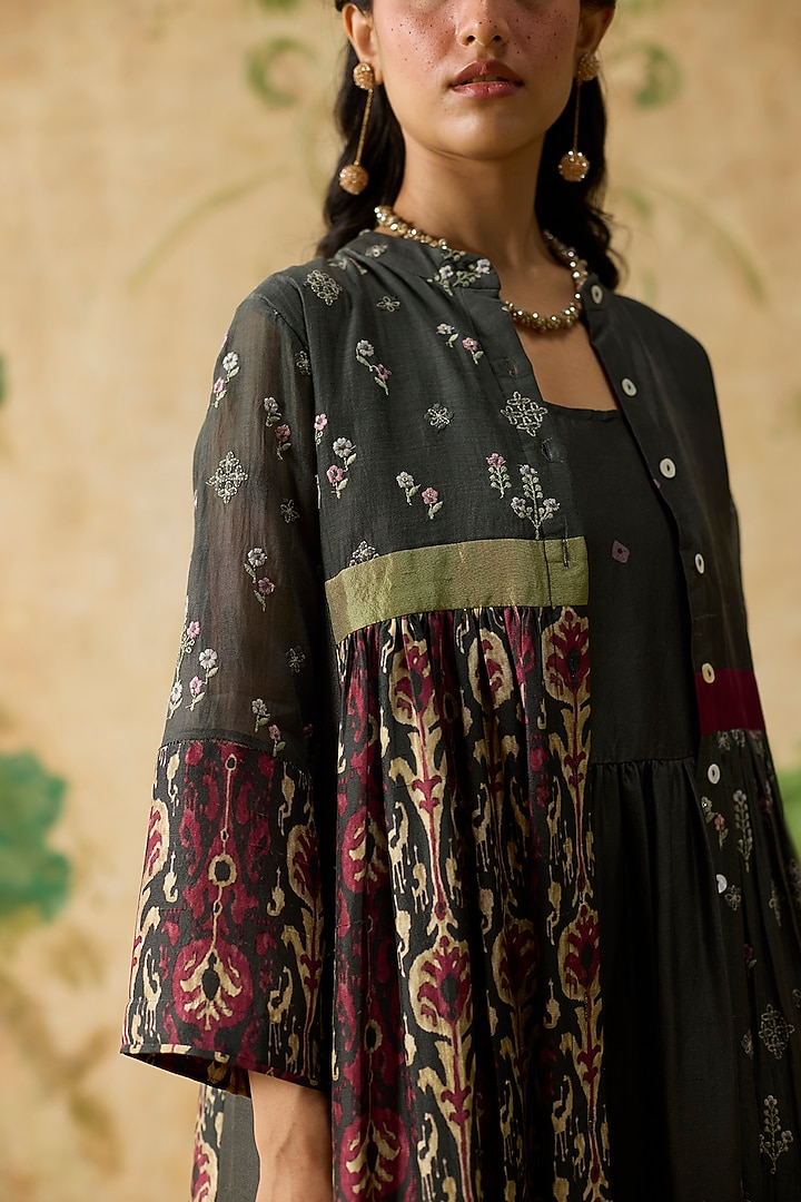 Charcoal Grey & Burgundy Silk Ikkat Asymmetrical Overlay Jacket by Khyati Rughani at Pernia's Pop Up Shop