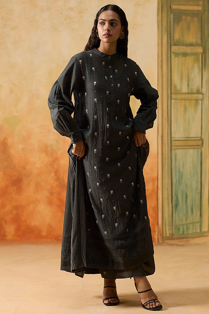 Charcoal Grey Silk Floral Motif Tunic by Khyati Rughani at Pernia's Pop Up Shop