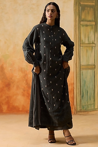 Charcoal Grey Silk Floral Motif Tunic by Khyati Rughani
