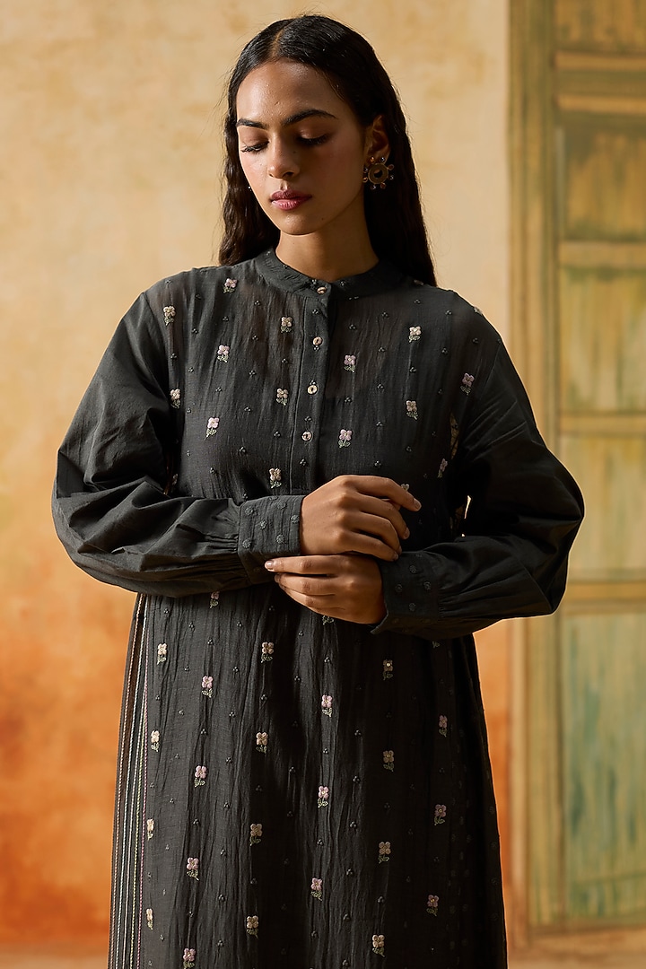 Charcoal Grey Silk Floral Motif Tunic by Khyati Rughani at Pernia's Pop Up Shop