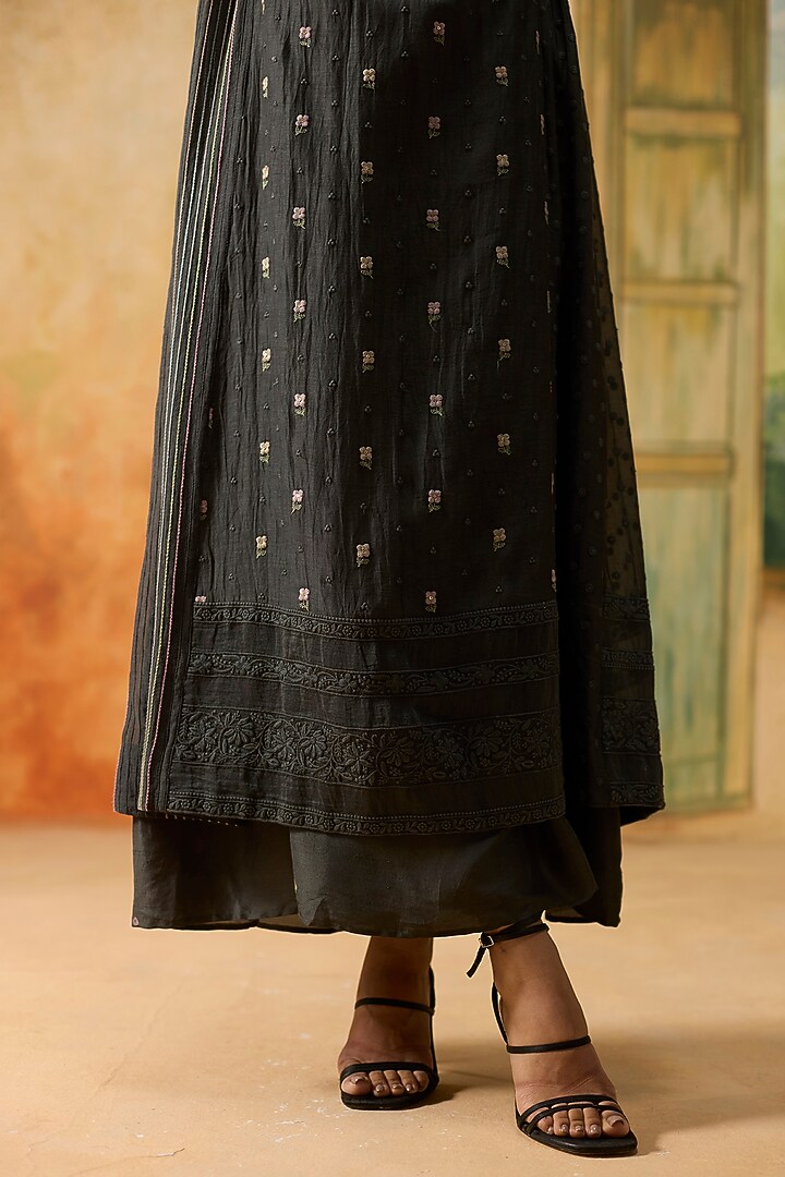 Charcoal Grey Silk Floral Motif Tunic by Khyati Rughani at Pernia's Pop Up Shop