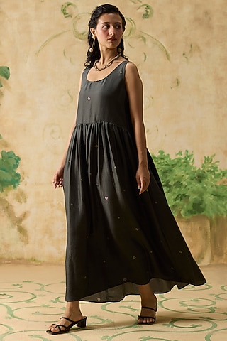 Charcoal Grey Silk Bandhani Sleeveless Tunic by Khyati Rughani