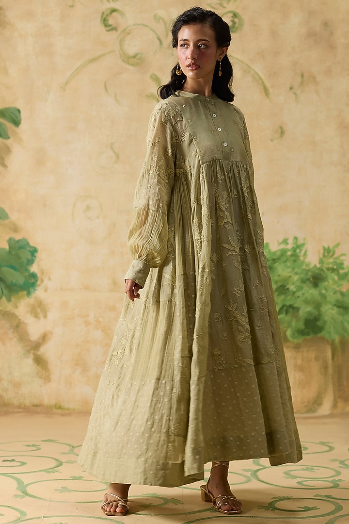 Ochre Silk Floral Motif Tunic by Khyati Rughani at Pernia's Pop Up Shop