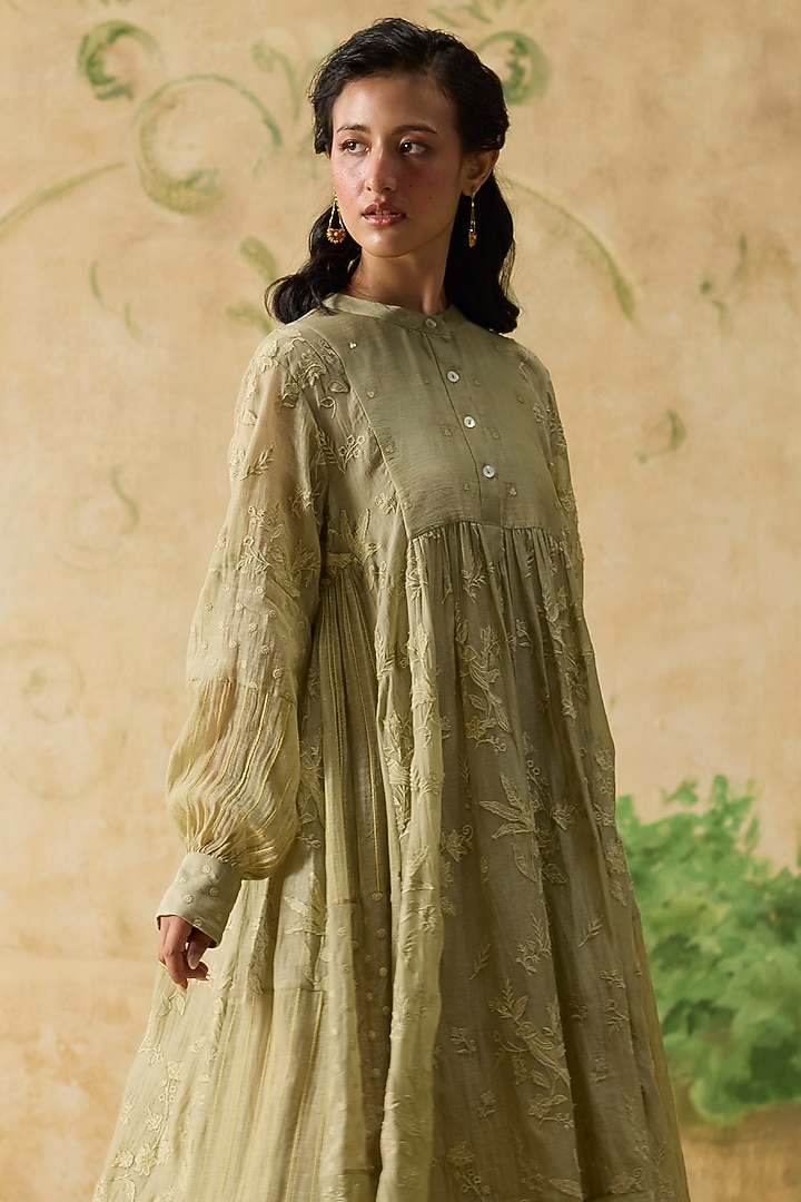 Ochre Silk Floral Motif Tunic by Khyati Rughani at Pernia's Pop Up Shop