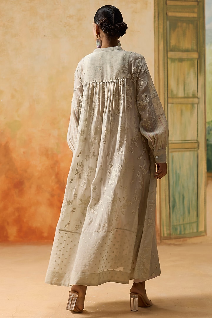 Light Grey Silk Floral Motif Tunic by Khyati Rughani at Pernia's Pop Up Shop