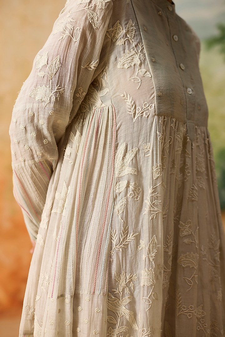 Light Grey Silk Floral Motif Tunic by Khyati Rughani at Pernia's Pop Up Shop
