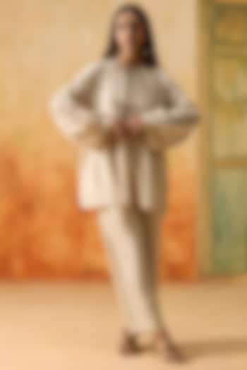 Beige Silk Bandhani Gathered Co-Ord Set by Khyati Rughani at Pernia's Pop Up Shop