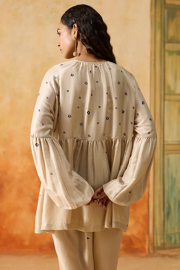 Beige Silk Bandhani Gathered Co-Ord Set by Khyati Rughani at Pernia's Pop Up Shop