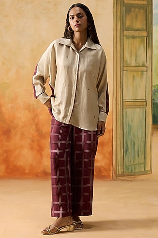 Beige & Burgundy Silk Bandhani Printed Co-Ord Set by Khyati Rughani