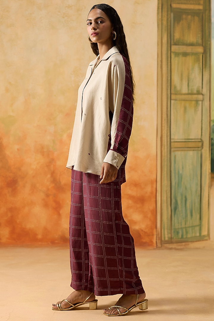 Beige & Burgundy Silk Bandhani Printed Co-Ord Set by Khyati Rughani at Pernia's Pop Up Shop