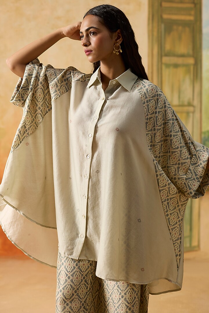 Beige & Blue Silk Bandhani Shirt by Khyati Rughani at Pernia's Pop Up Shop