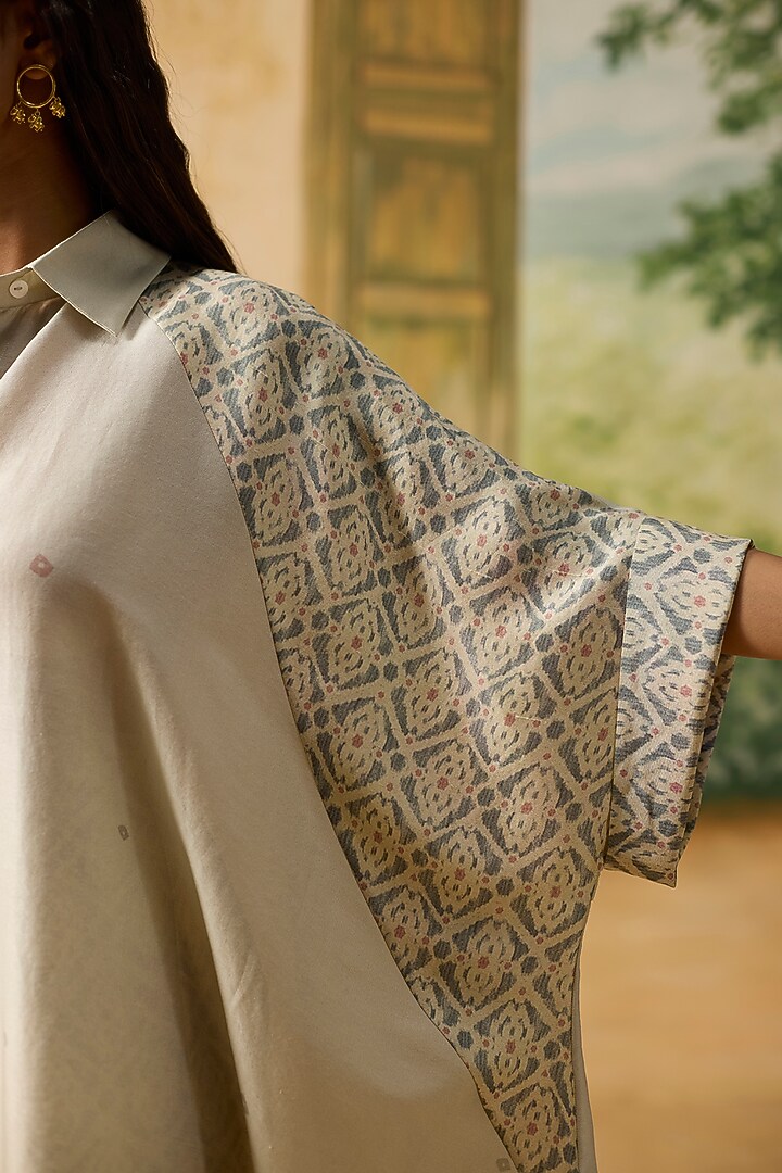 Beige & Blue Silk Bandhani Shirt by Khyati Rughani at Pernia's Pop Up Shop