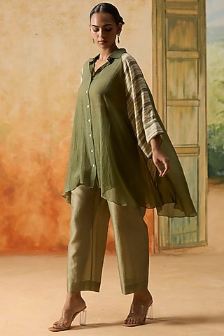 Green & Beige Silk Bandhani Shirt by Khyati Rughani