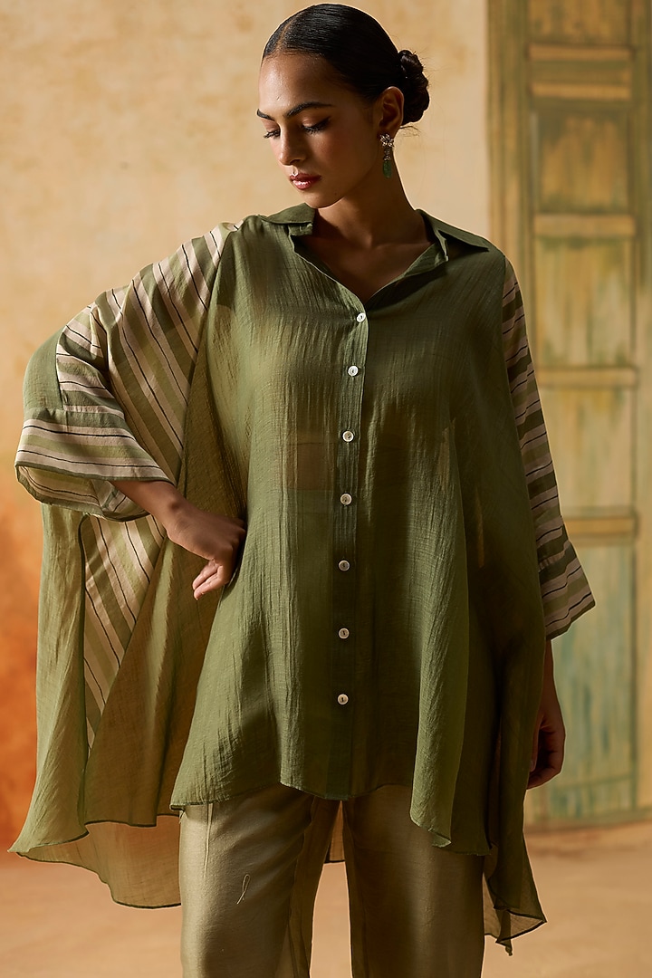 Green & Beige Silk Bandhani Shirt by Khyati Rughani at Pernia's Pop Up Shop