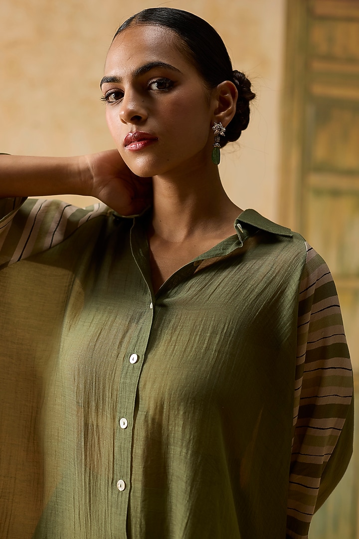 Green & Beige Silk Bandhani Shirt by Khyati Rughani at Pernia's Pop Up Shop