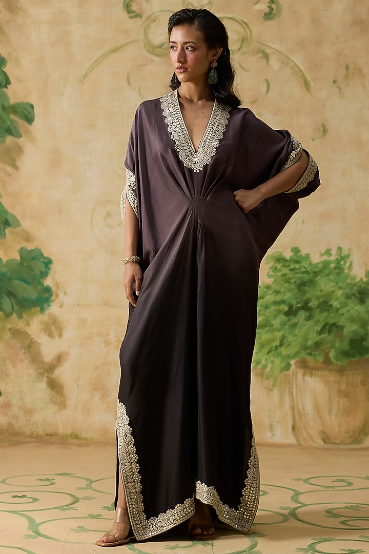 Purple Ombre Silk Pleated Kaftan by Khyati Rughani at Pernia's Pop Up Shop