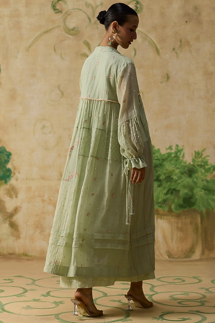Light Green Silk Floral Motif Embroidered Tunic by Khyati Rughani at Pernia's Pop Up Shop
