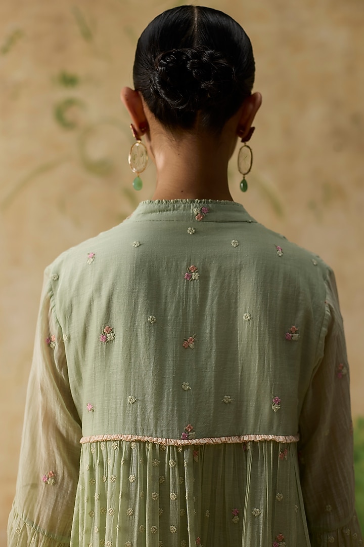 Light Green Silk Floral Motif Embroidered Tunic by Khyati Rughani at Pernia's Pop Up Shop