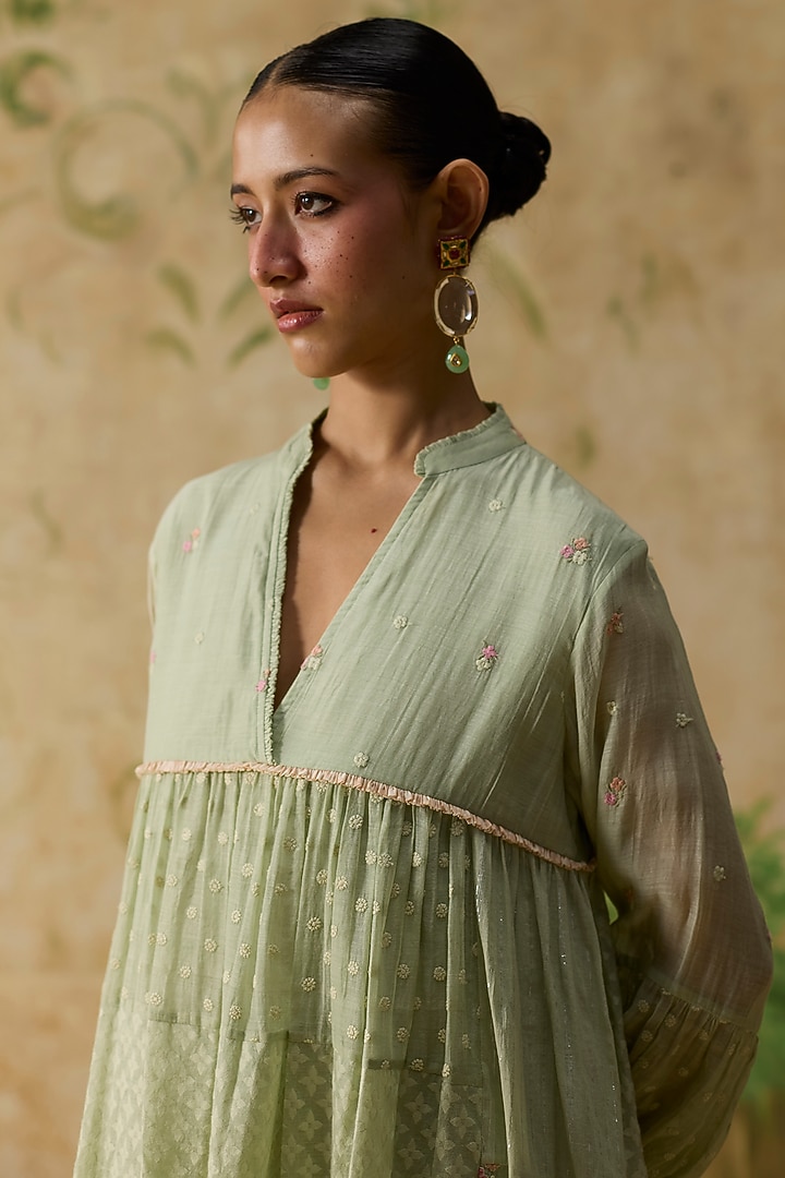 Light Green Silk Floral Motif Embroidered Tunic by Khyati Rughani at Pernia's Pop Up Shop
