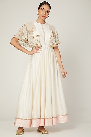 White Heavy Embroidered Gown by Khushbu Rathod