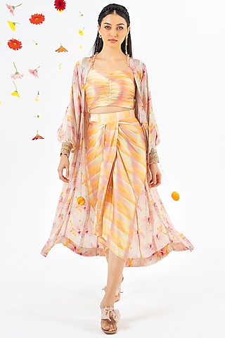 White & Yellow Printed Jacket Set by Khushbu Rathod