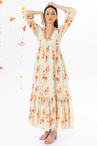 Mint Printed & Embroidered Maxi Dress by Khushbu Rathod