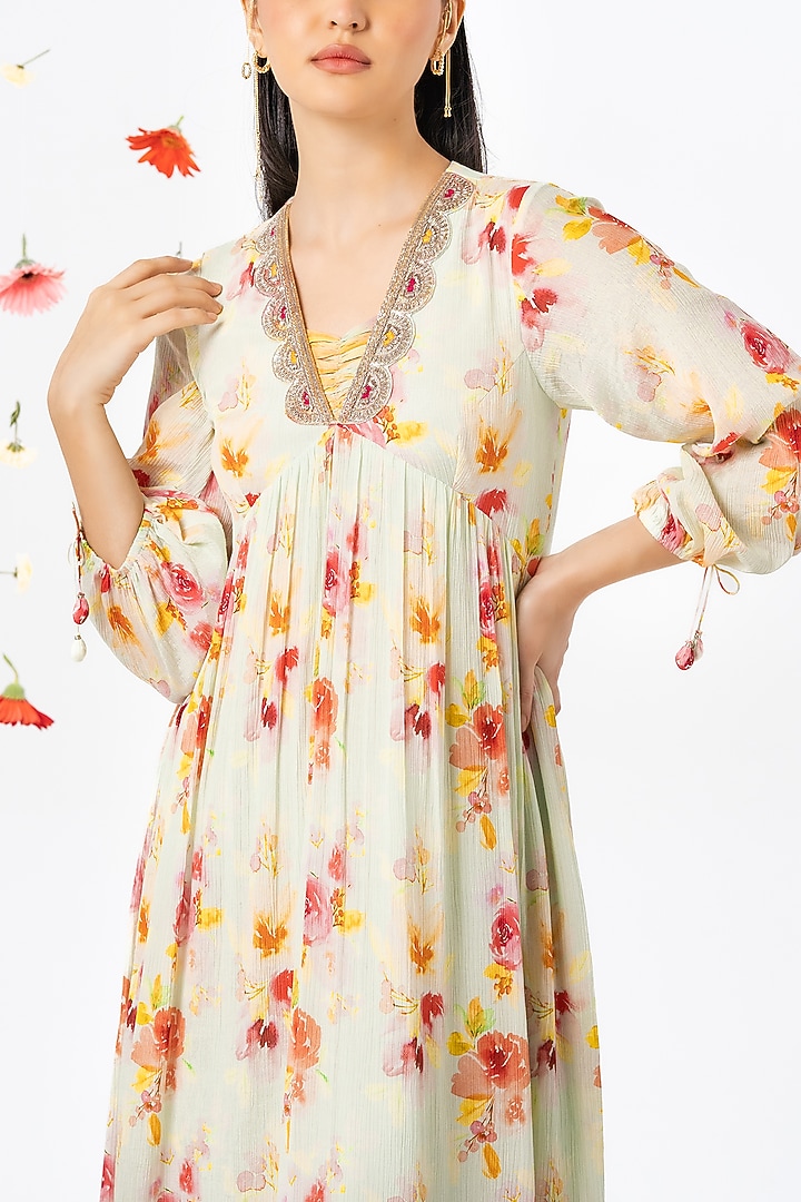 Mint Printed & Embroidered Maxi Vacation Dress by Khushbu Rathod at Pernia's Pop Up Shop