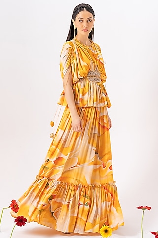 Tuscany Yellow Printed Long Skirt Set by Khushbu Rathod