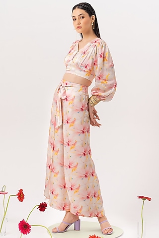 Cloud White Printed Overlapped Pant Set by Khushbu Rathod