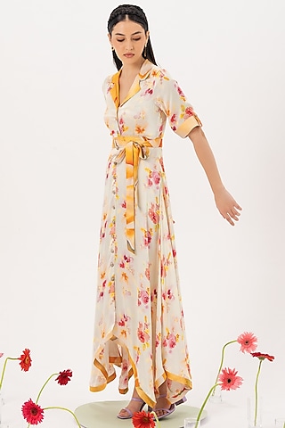 Mint Printed & Embroidered High-Low Dress by Khushbu Rathod